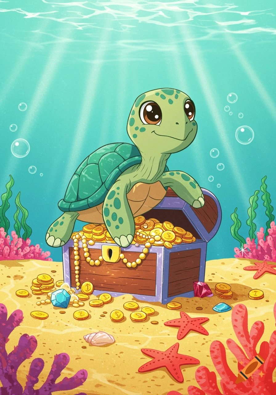 A cute cartoon turtle sits atop an open treasure chest brimming with gold coins and jewels on a sandy seabed underwater.