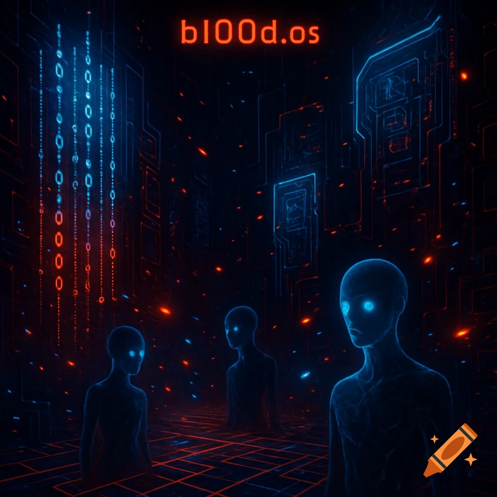 Three stylized figures with glowing blue eyes in a dark, neon blue and red digital cyberspace with binary code and circuit patterns.