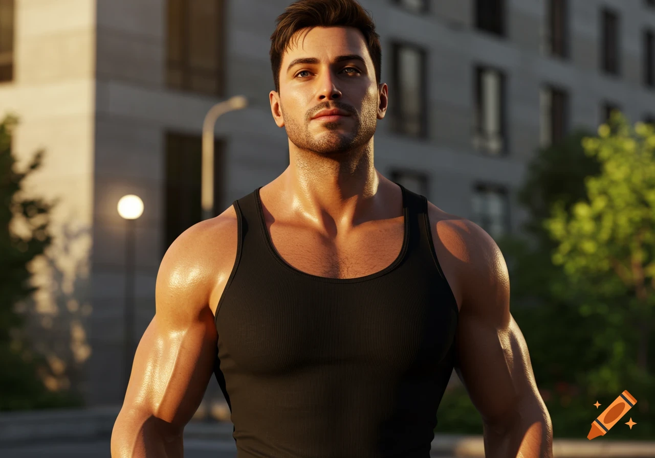 Photorealistic portrait of a muscular man in a black tank top, looking straight ahead, outdoors with buildings in the background.