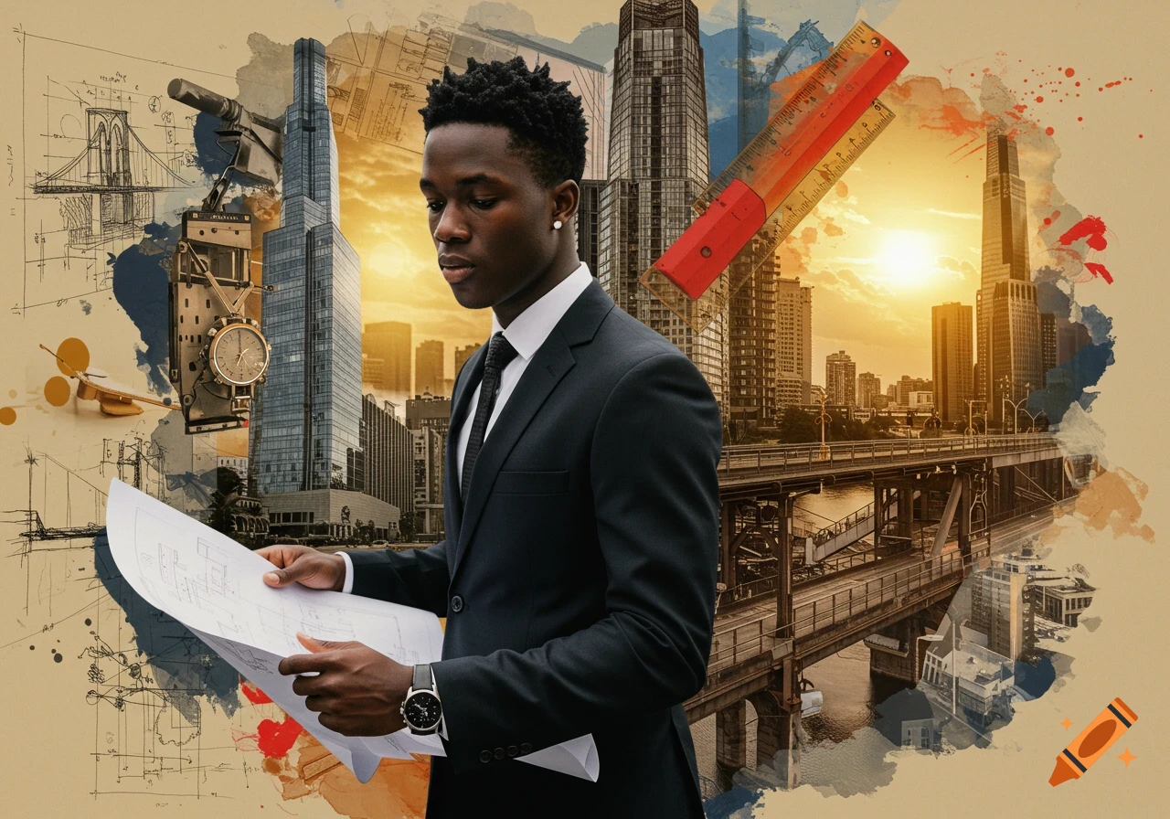 A black man in a suit examining blueprints amidst a collage of cityscapes, architectural sketches, and measuring tools under a warm sunset.