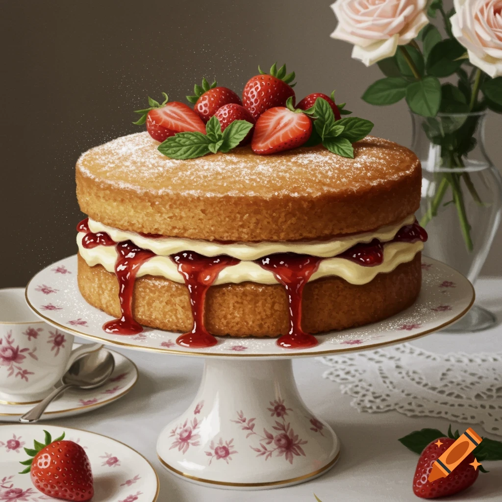 A photorealistic Victoria sponge cake on a white floral stand, topped with strawberries and mint, with jam and cream dripping. Tea set and roses.