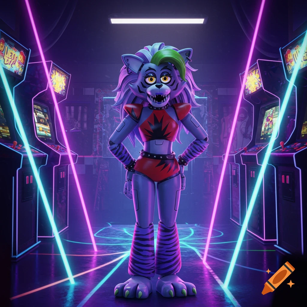 Roxy, an animatronic wolf, stands in a neon-lit arcade with glowing arcade machines.