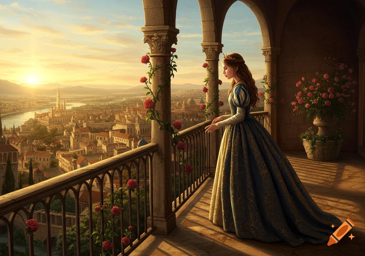 A princess in a detailed gown looks out from a rose-covered balcony over a sprawling city at sunset.