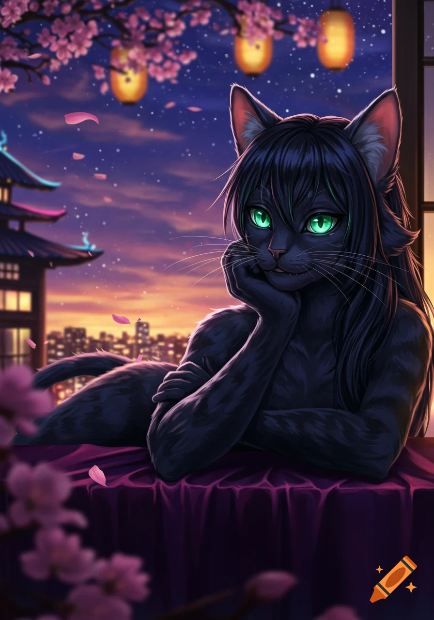 A black feline humanoid with long hair and bright green eyes reclines, looking out at a Japanese cityscape at dusk with cherry blossoms and lanterns.