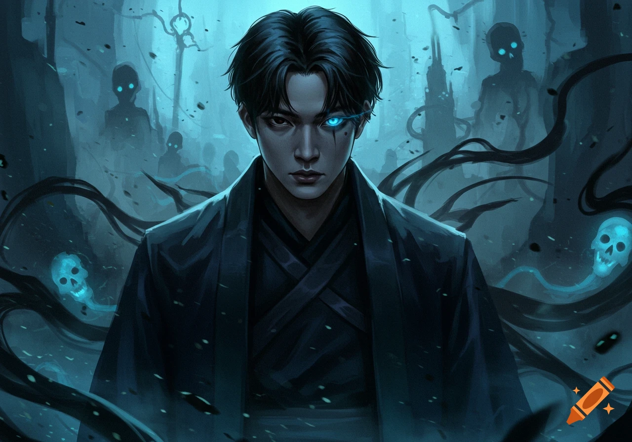 An anime-style male character with dark hair and a glowing blue eye in a dark, eerie setting with shadowy figures and floating skulls.