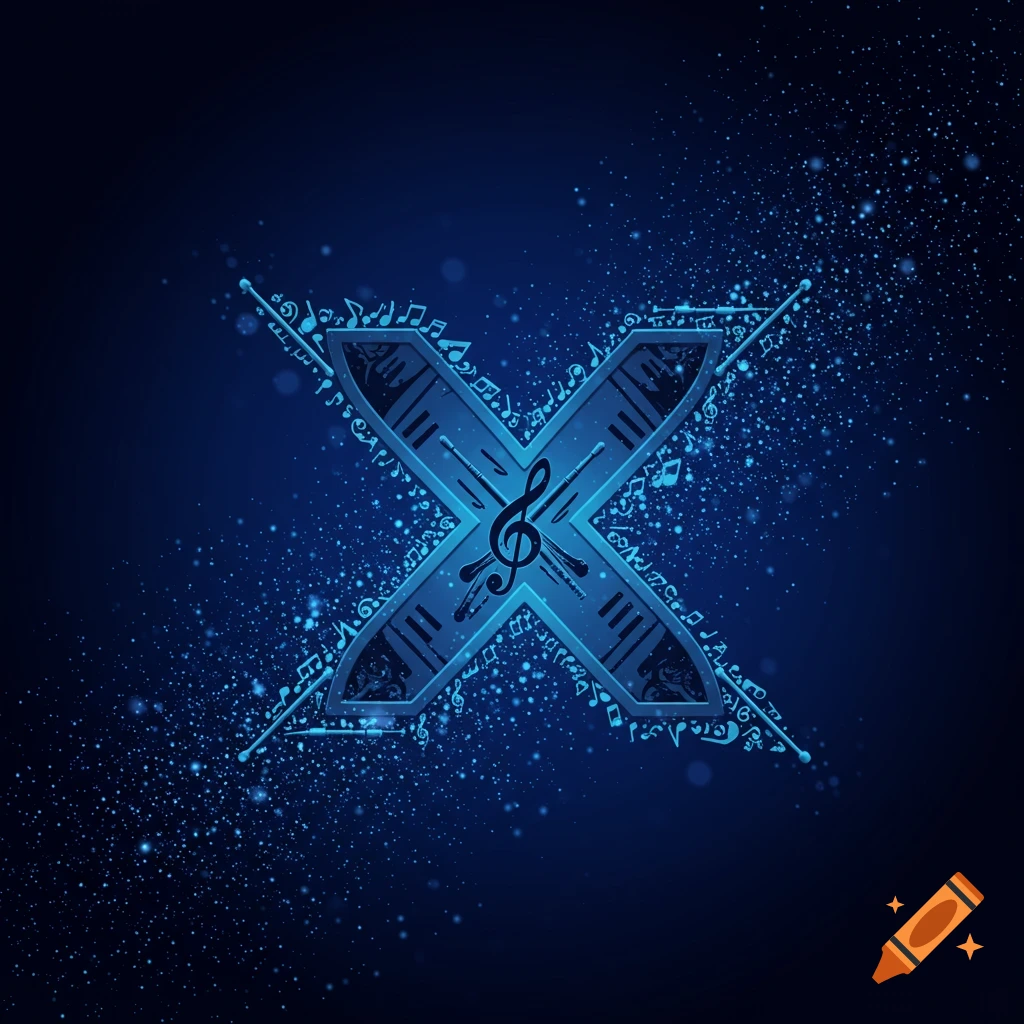 A stylized blue X formed by musical notes and staffs, with a treble clef at its center, surrounded by sparkling blue dots on a dark blue background.