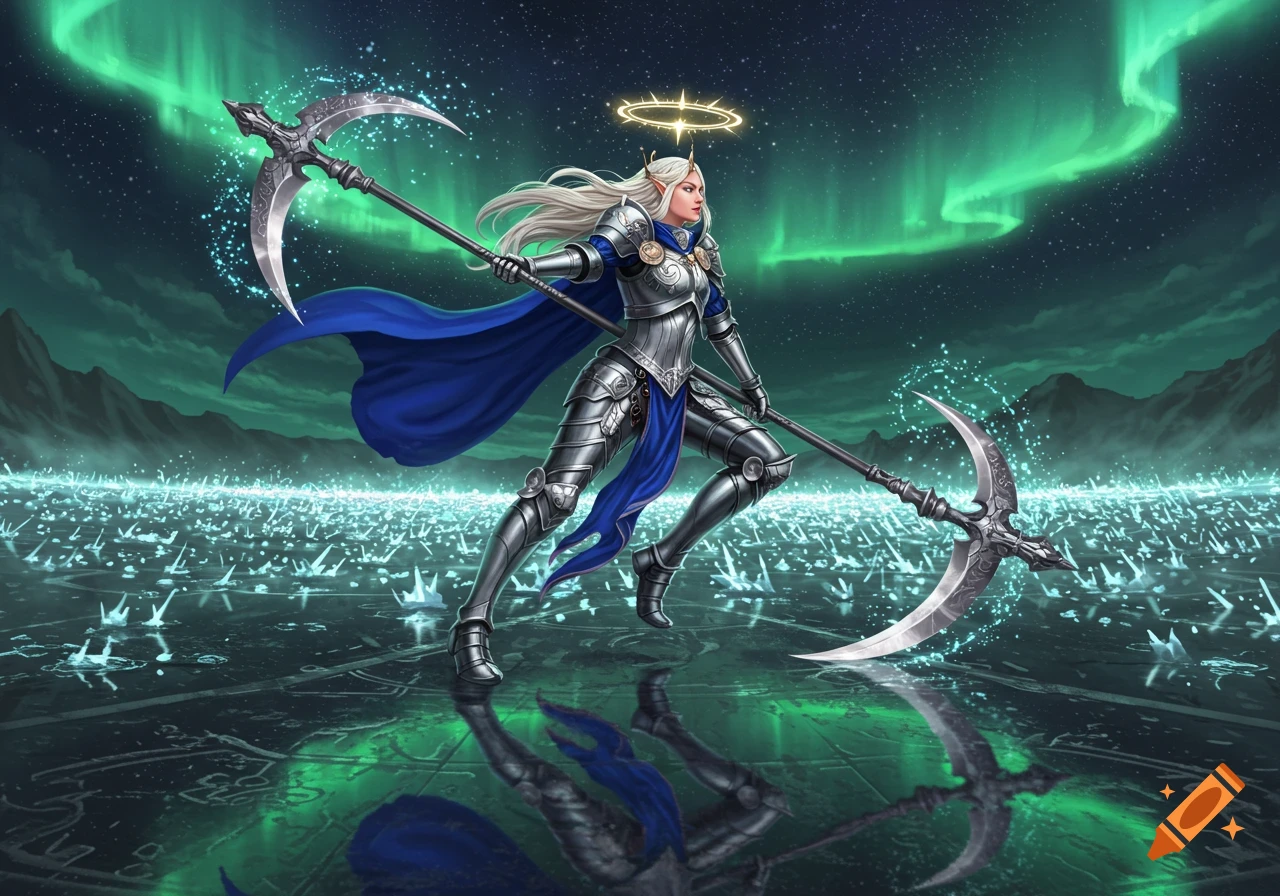 A female elf paladin in silver armor and blue cape, with a glowing halo, stands holding a double-ended scythe on an icy plain under a green aurora night sky.