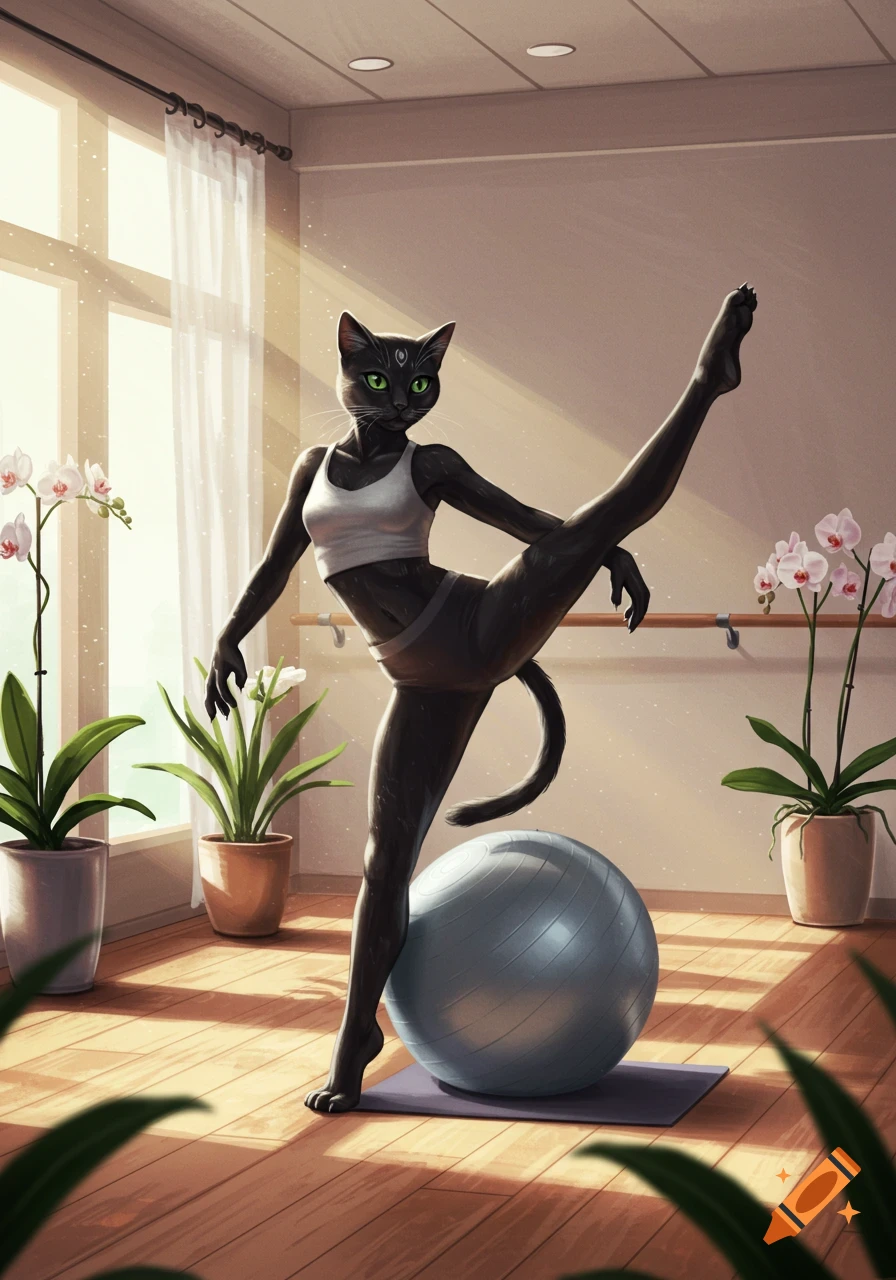 An anthropomorphic black cat woman in a white sports bra and grey shorts stretches in a yoga studio, balancing one leg on an exercise ball. Digital art.