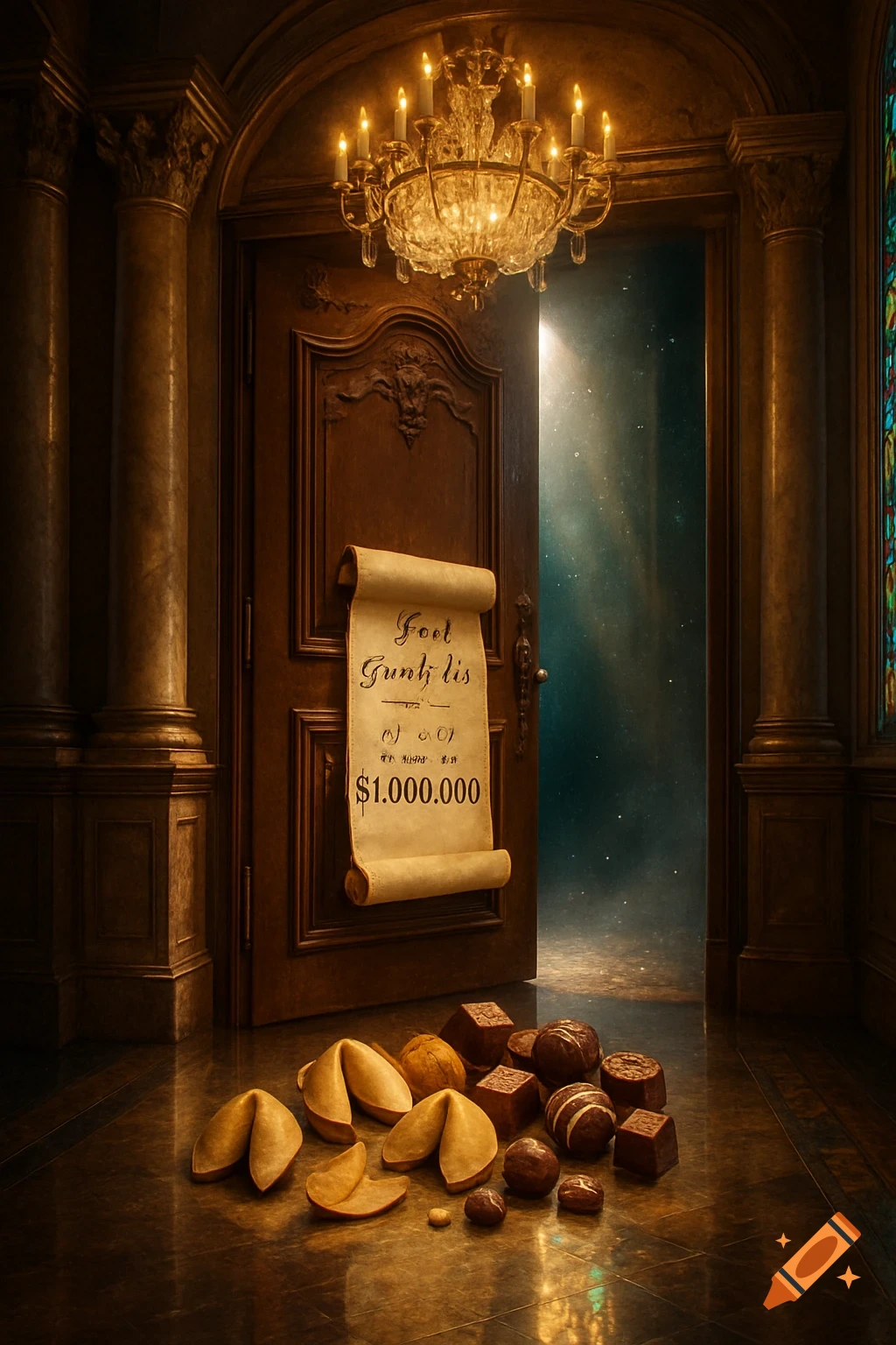 A grand, opened wooden door with a scroll displaying '$1,000,000' and other text, illuminated by a chandelier, with fortune cookies and chocolates on the floor. Beyond the door, a starry, cosmic light glows.