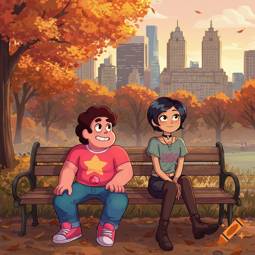 Cartoon of Steven Universe and Marcy Wu sitting on a park bench in autumn with city buildings in the background.