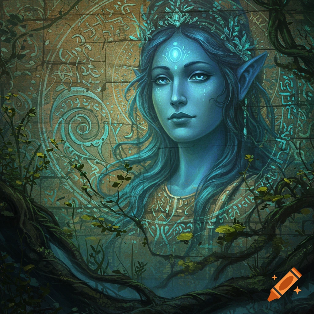 Fantasy portrait of a blue-skinned female elf goddess with a crown, against a stone wall with ancient script, surrounded by vines.