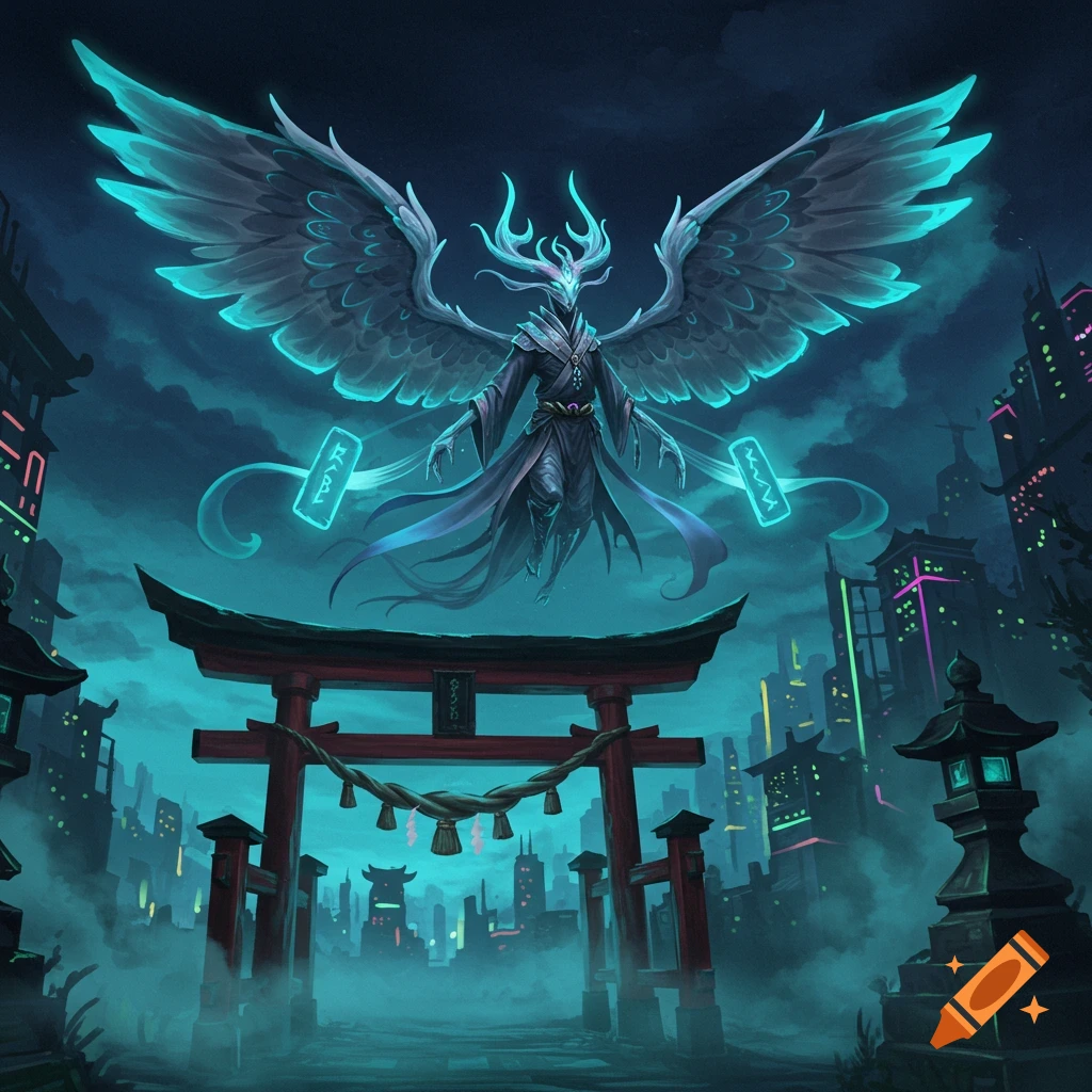 A creature with glowing teal wings and antlers hovers above a red torii gate in a misty, neon-lit cyberpunk city at night.