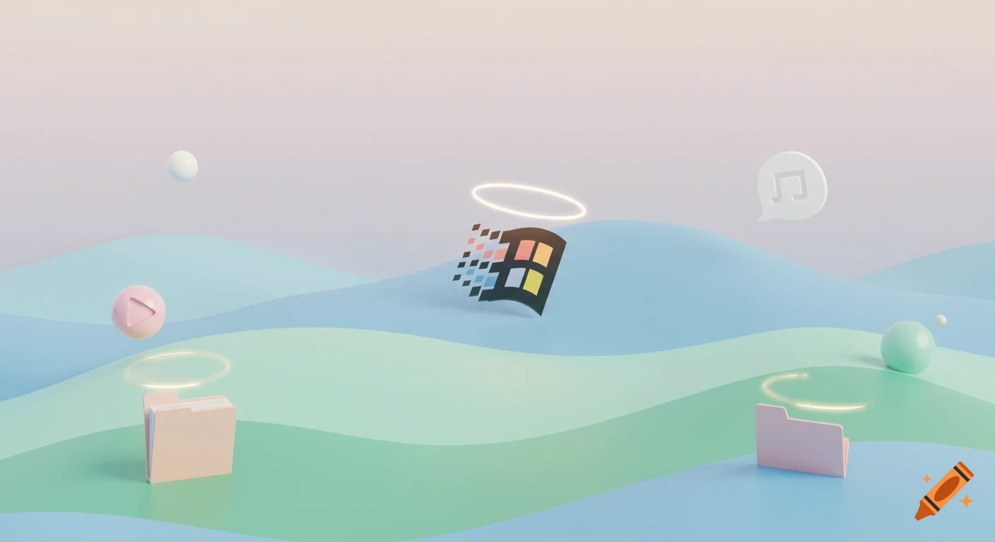 A minimalist digital art scene with a dissolving Windows logo, folders, and spheres on wavy pastel landscapes.