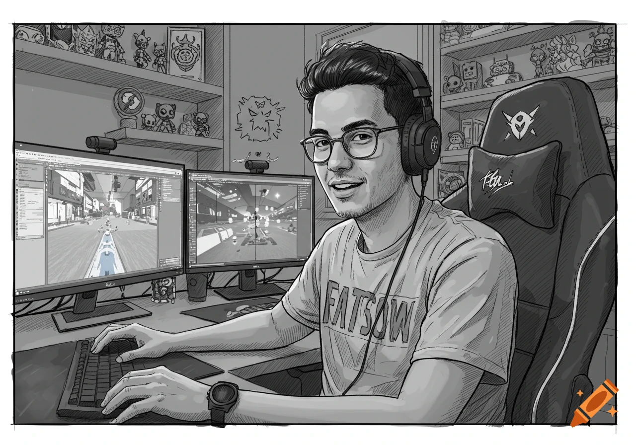 A black and white sketch of a smiling man with headphones and glasses sitting at a desk with dual monitors, playing video games.