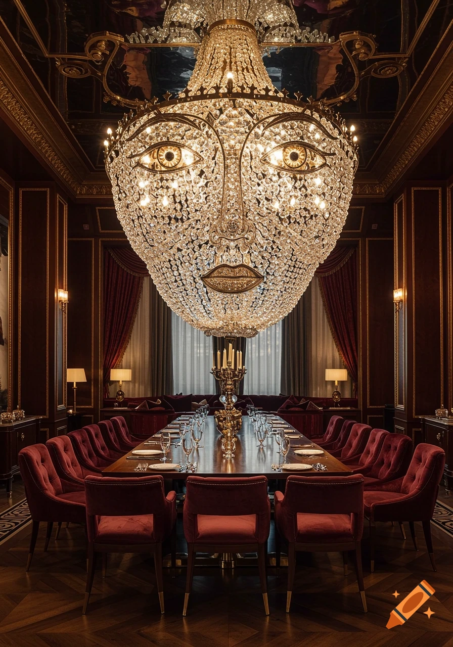 Luxurious dining room with a face-shaped chandelier illuminating a long table set with glassware and red velvet chairs.