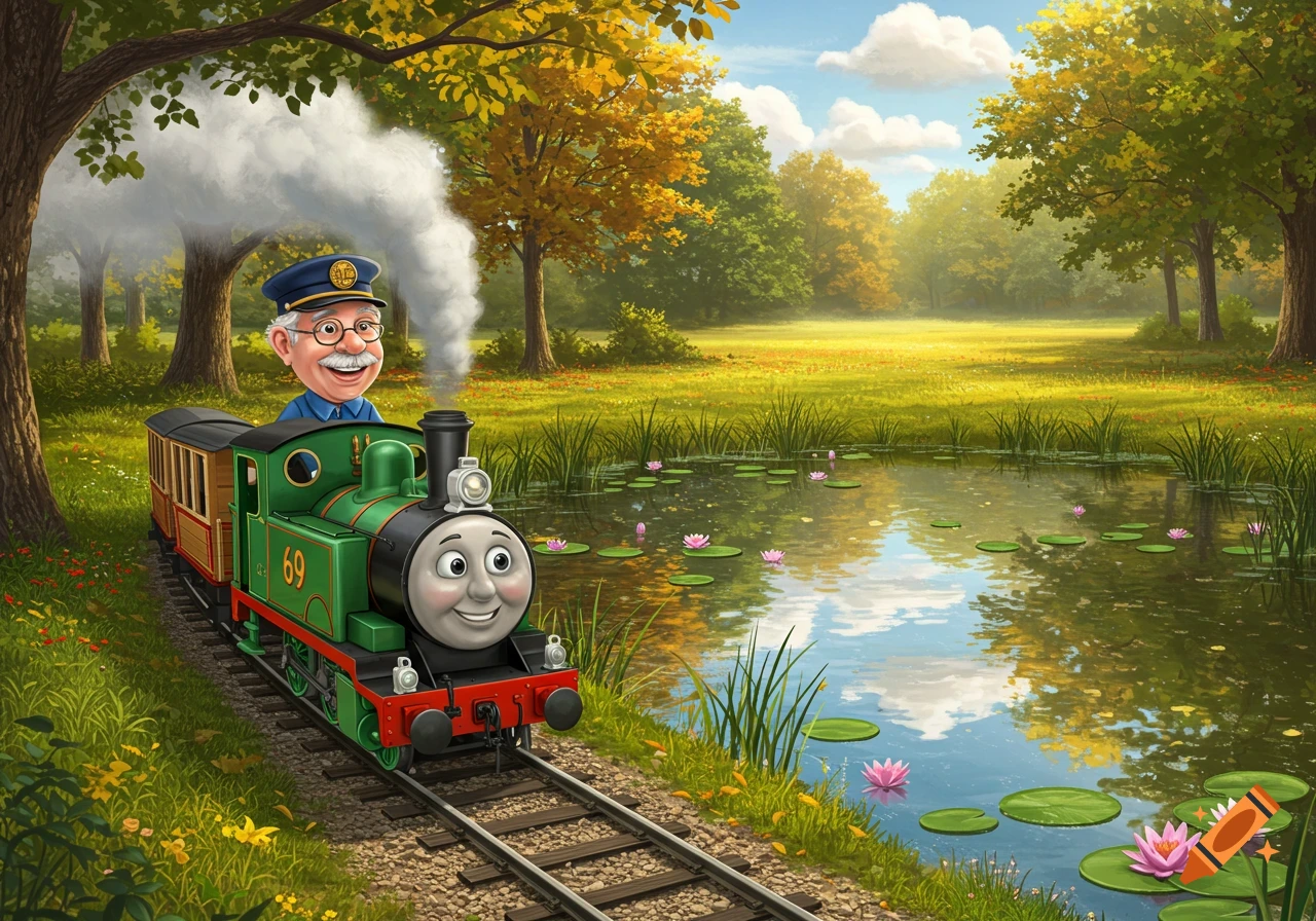 A cartoon green train with a smiling face, driven by an old man, travels on tracks next to a pond with pink lily pads in a sunny, tree-filled landscape.