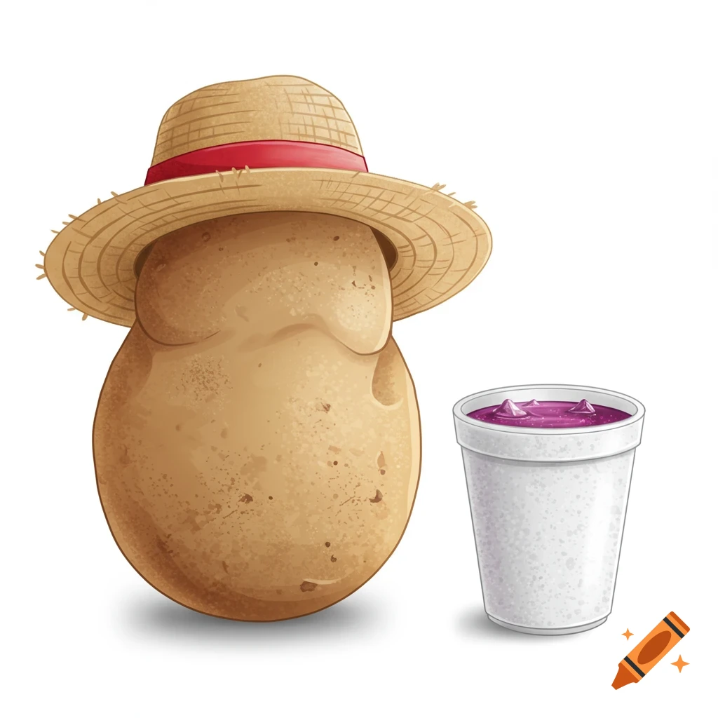 An illustration of a potato wearing a straw hat with a red stripe next to a white Styrofoam cup with purple liquid.