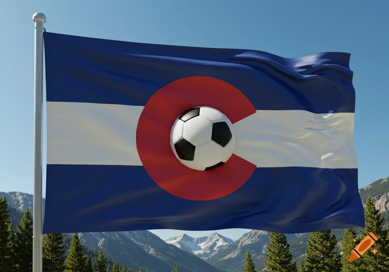 Colorado state flag with a soccer ball in place of the yellow circle, waving over mountains and pine trees under a clear blue sky.