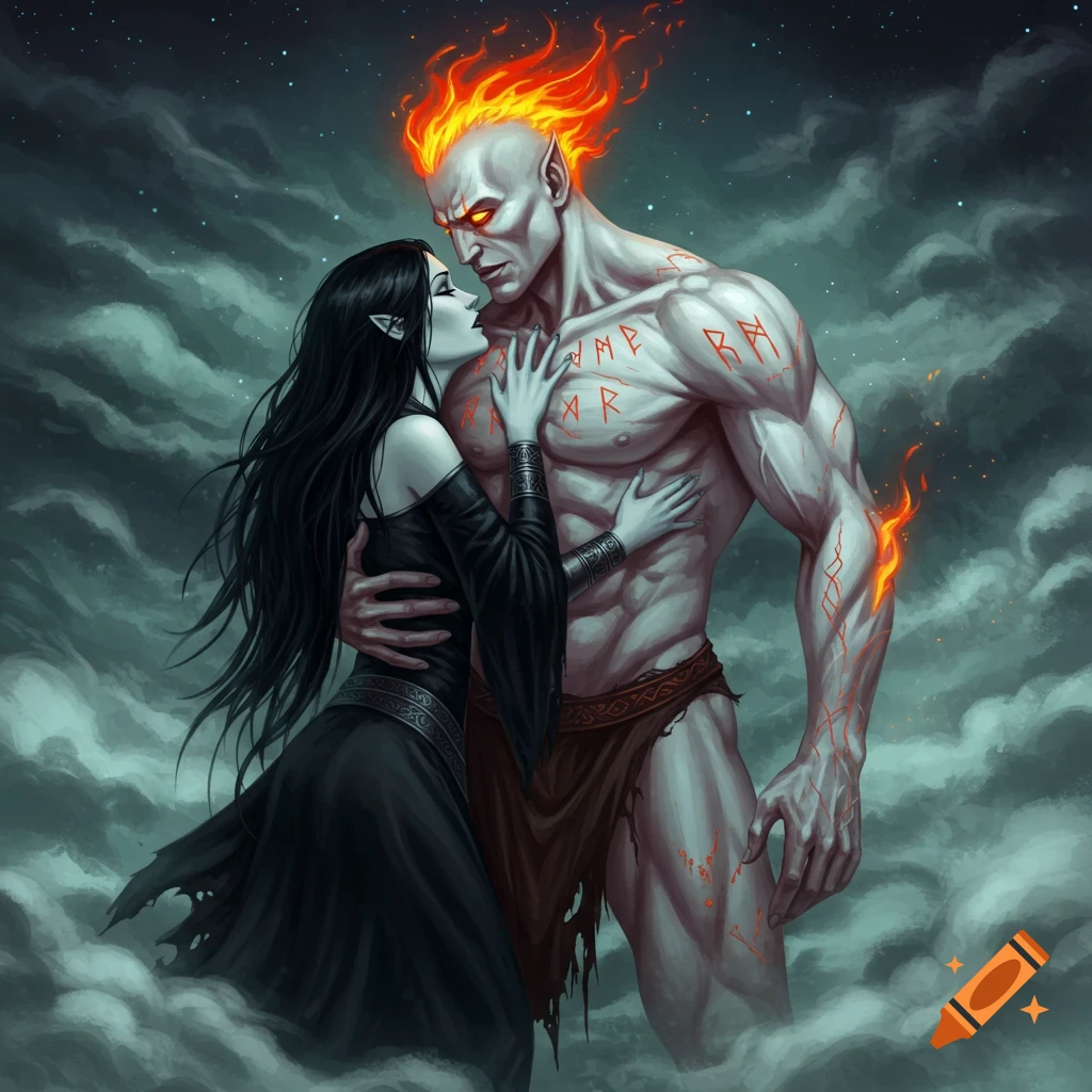A pale-skinned woman with long black hair in a black dress embraces a muscular, pale man with fiery hair and glowing orange eyes. His body is covered in red, stylized markings.