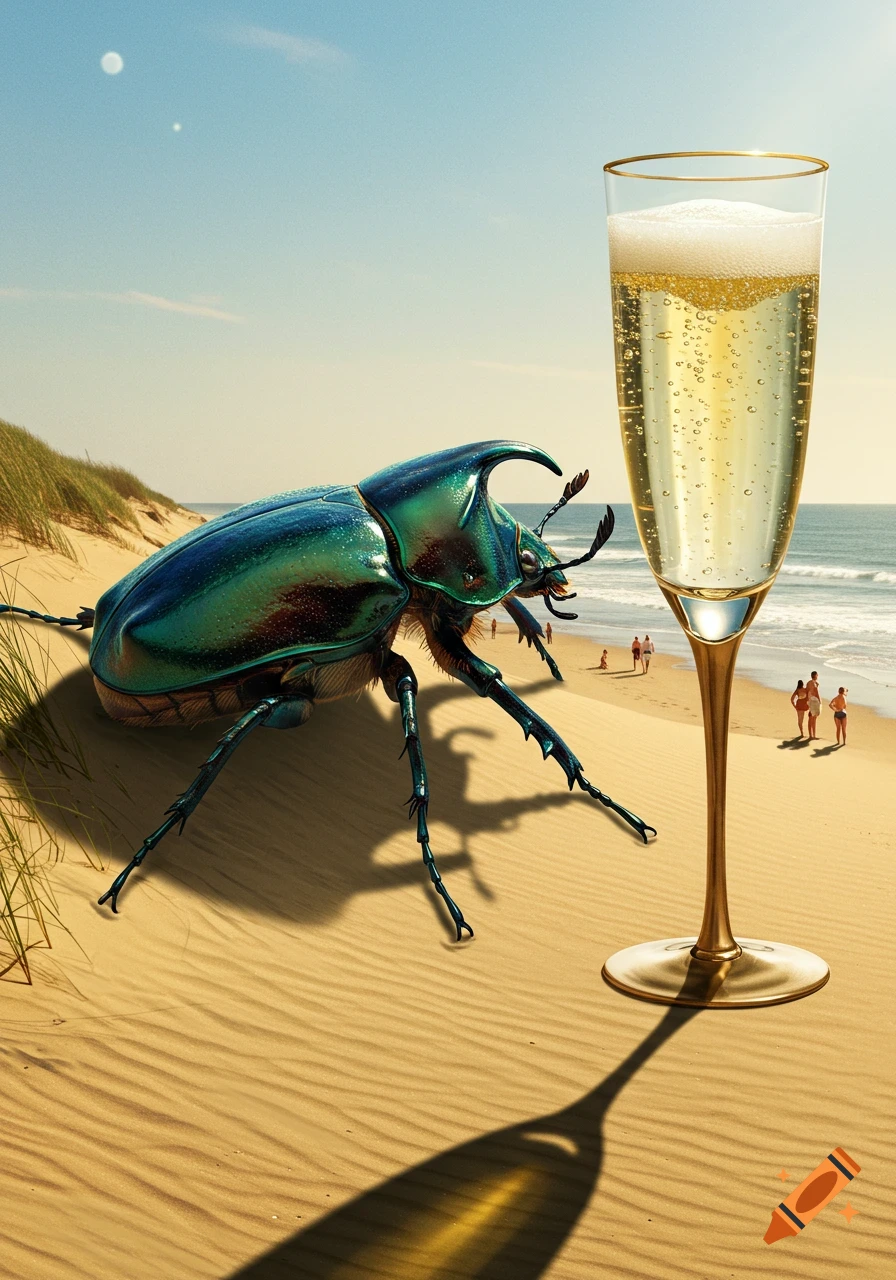 A giant iridescent blue-green beetle stands on a sandy beach next to a large glass of bubbly champagne. People are in the background by the ocean.