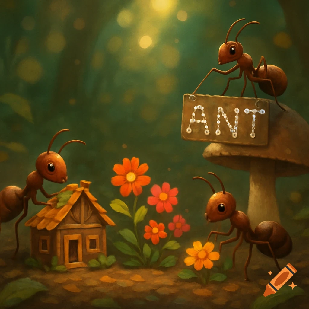 Three cartoon ants in a forest, one holding an 'ANT' sign, one building a small house, and one tending flowers, in an illustrative style.