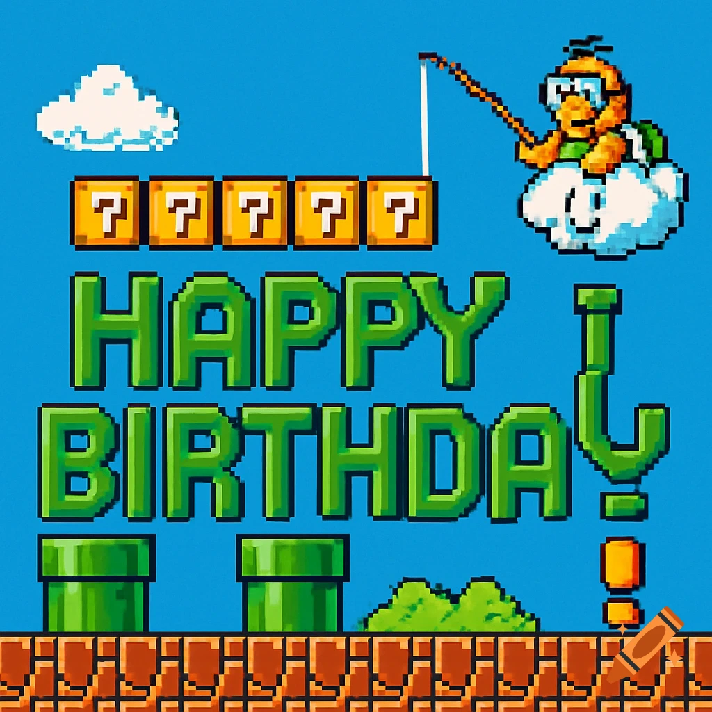 Retro pixel art Super Mario Bros level with "HAPPY BIRTHDAY" text, Lakitu, question blocks, and pipes.