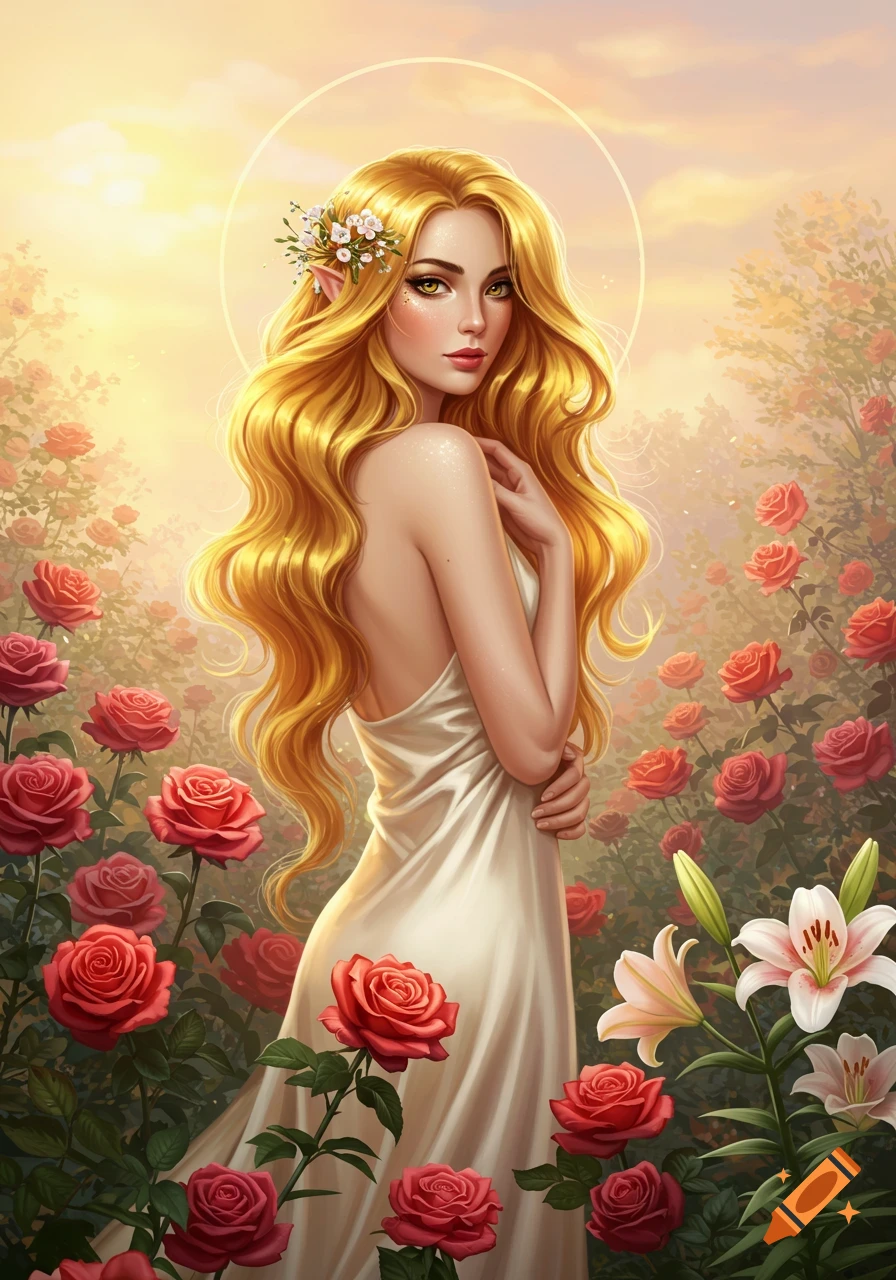 A beautiful blonde woman with long wavy hair, elf ears, and a halo stands in a lush rose garden with lilies at sunset.