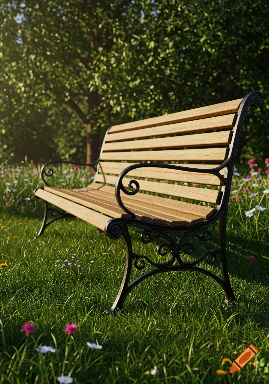 A wooden and cast iron park bench sits in a sunlit grassy field with wildflowers and trees in the background.