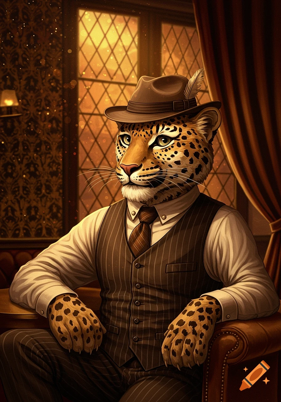 An anthropomorphic leopard in a pinstripe vest, white shirt, and fedora sits in a vintage room with ornate windows and dim lighting.