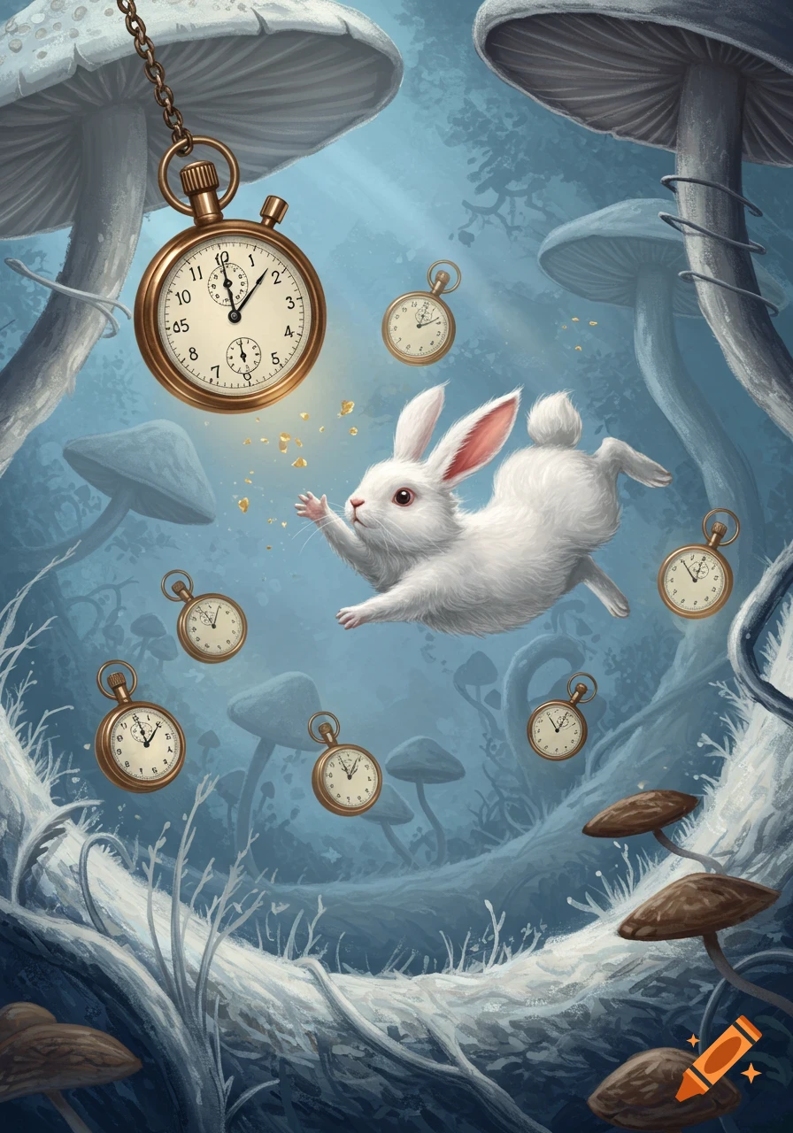 A white rabbit floats through a mystical forest with oversized mushrooms and multiple antique pocket watches, some hanging from chains, others floating around it. Golden specks float around the rabbit's paws.