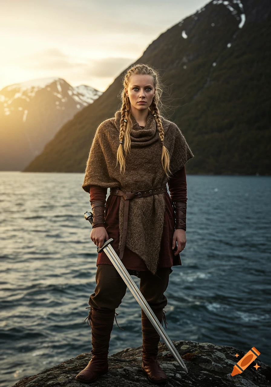 A serious-looking woman with braided blonde hair in Viking attire holds a sword, standing on a rock by a lake with mountains at sunset.