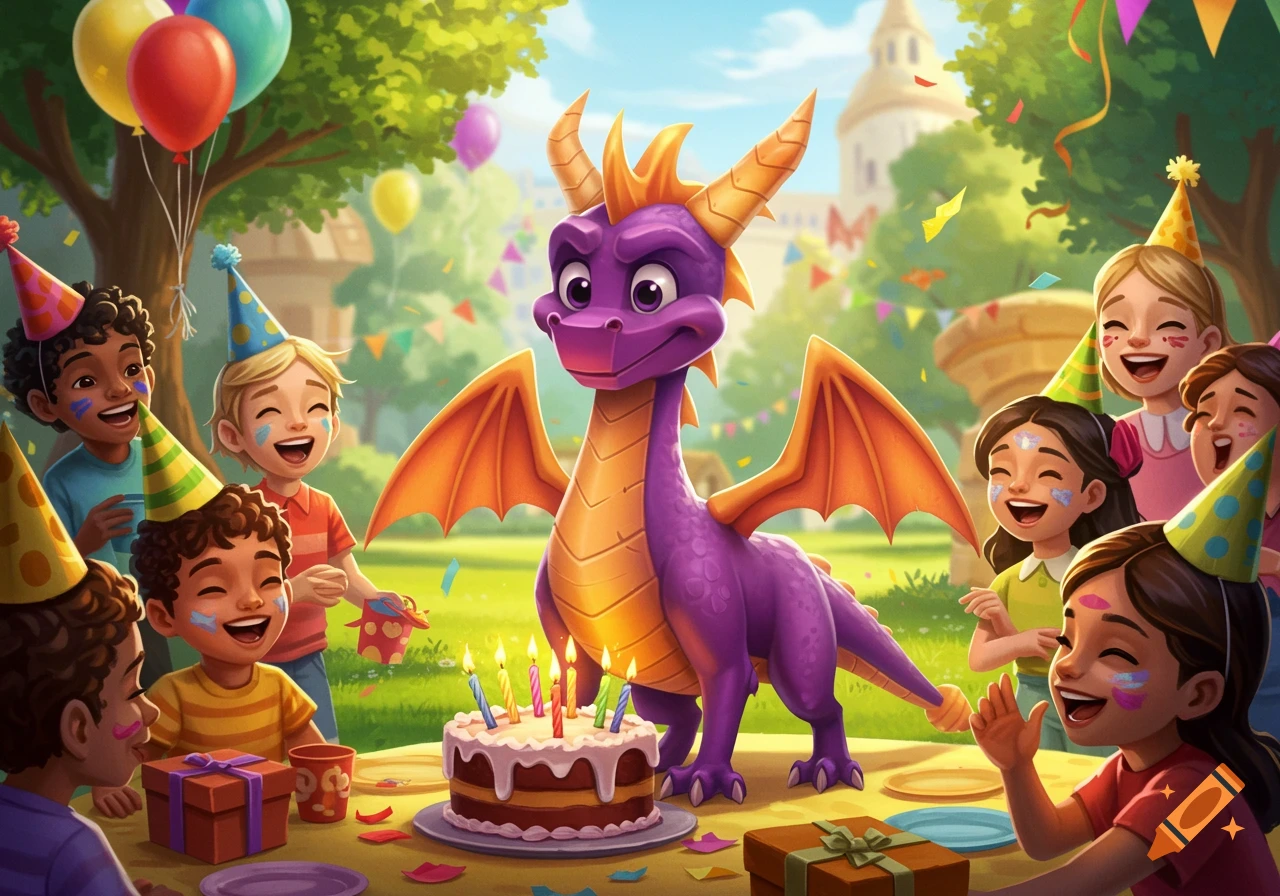 A purple dragon, Spyro, celebrates at a lively outdoor children's birthday party with kids, a cake, and balloons in a cartoon style.