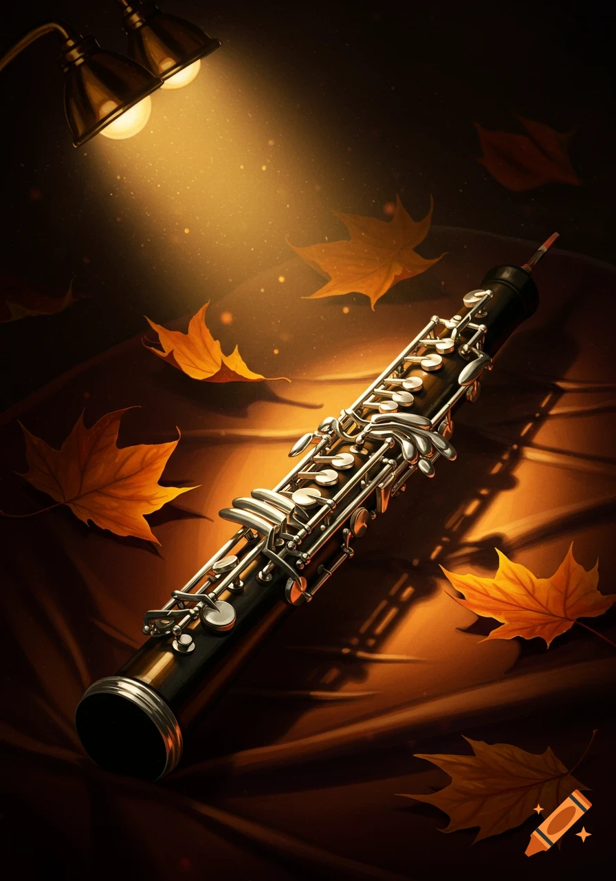 An oboe lies on a warm, brown surface, illuminated by a spotlight from above, with scattered autumn leaves.