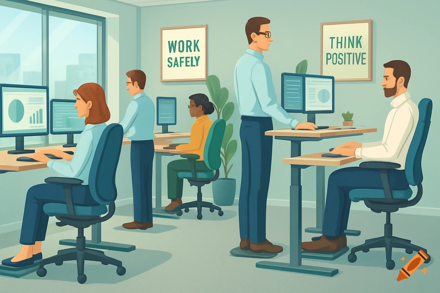 Illustrated office scene with workers at desks, some standing, some seated. Signs on walls read 'WORK SAFELY' and 'THINK POSITIVE'.
