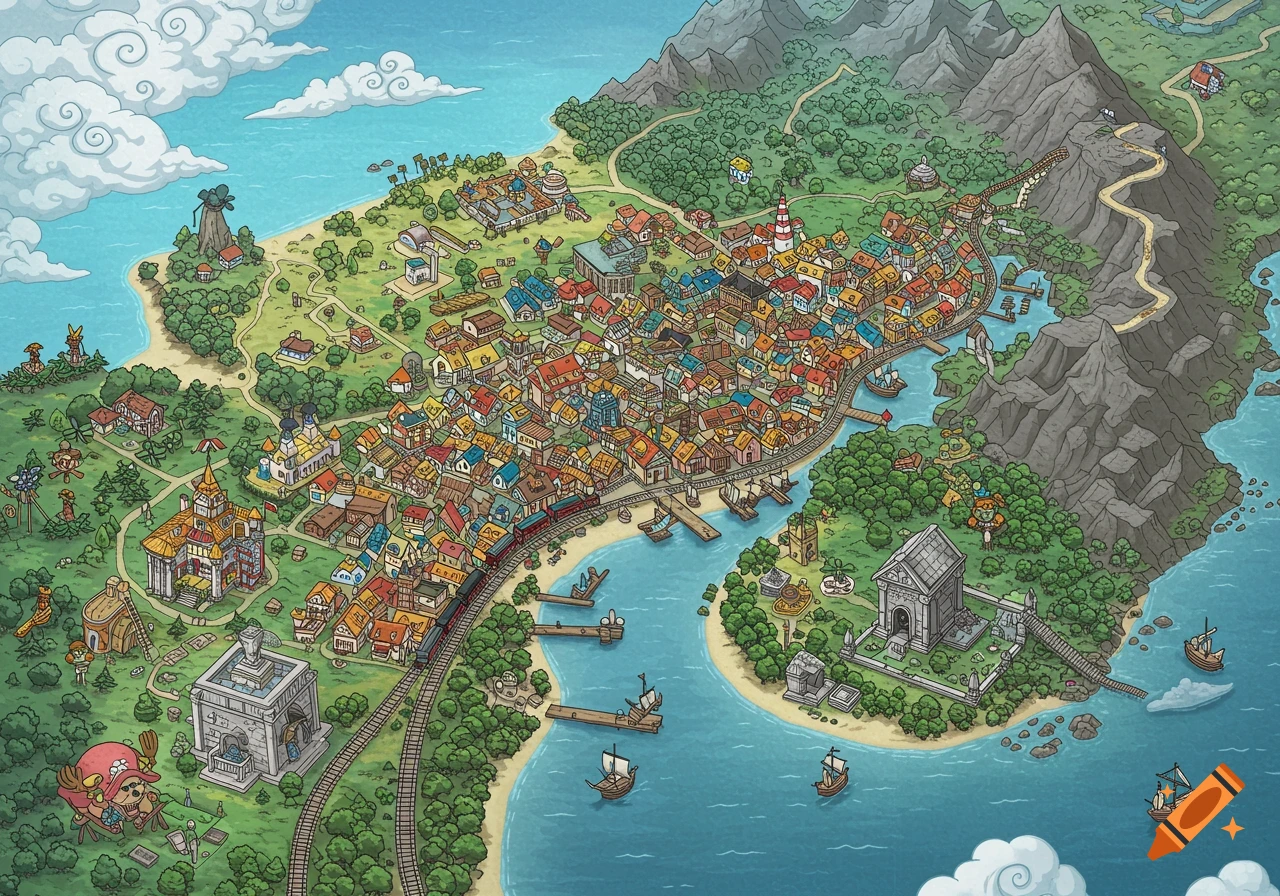 An isometric map of a vibrant coastal city with a train, mountains, forest, and ancient ruins, in a detailed anime-inspired style.