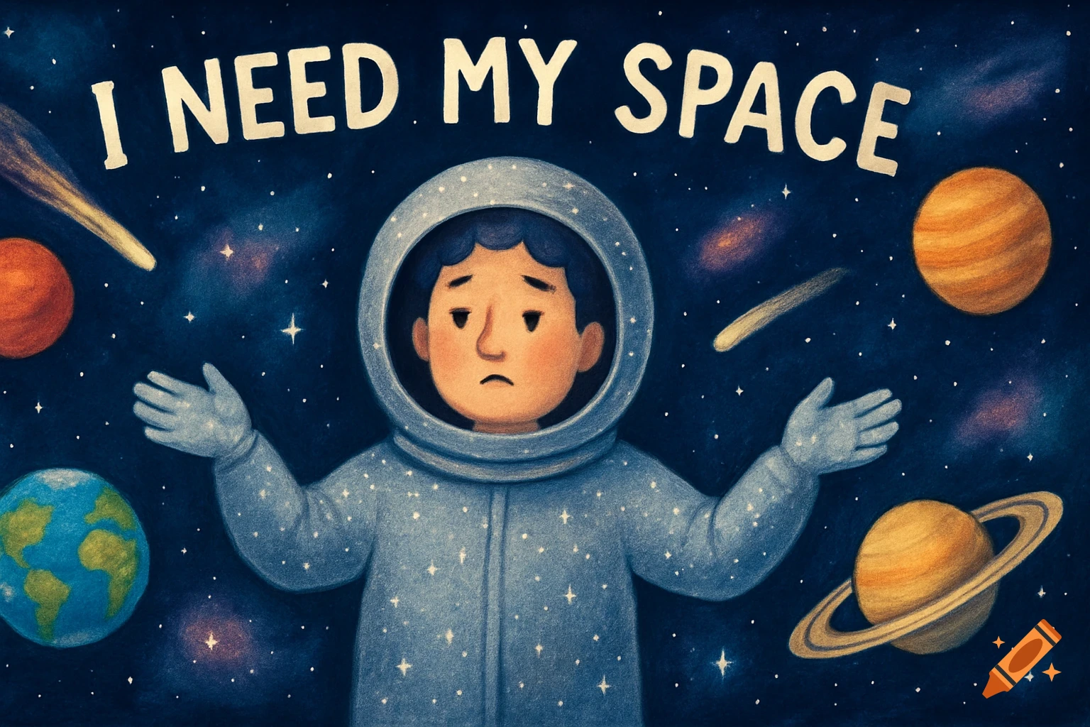 Cartoon astronaut with a sad expression floating in space surrounded by planets and stars, with the text 'I NEED MY SPACE' above.