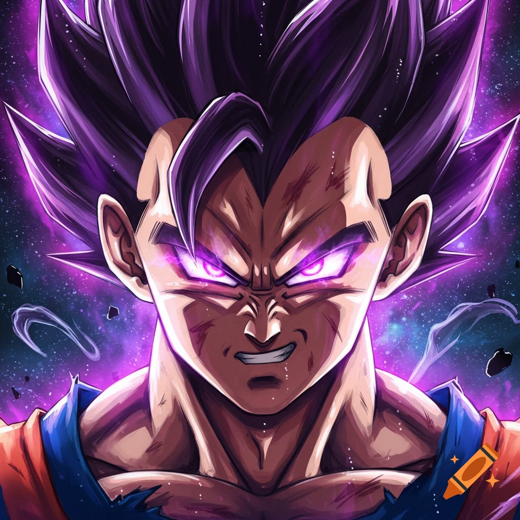 Close-up of Dragon Ball's Vegeta in his Ultra Ego form, with dark hair, glowing purple eyes, and an intense expression against a starry background.