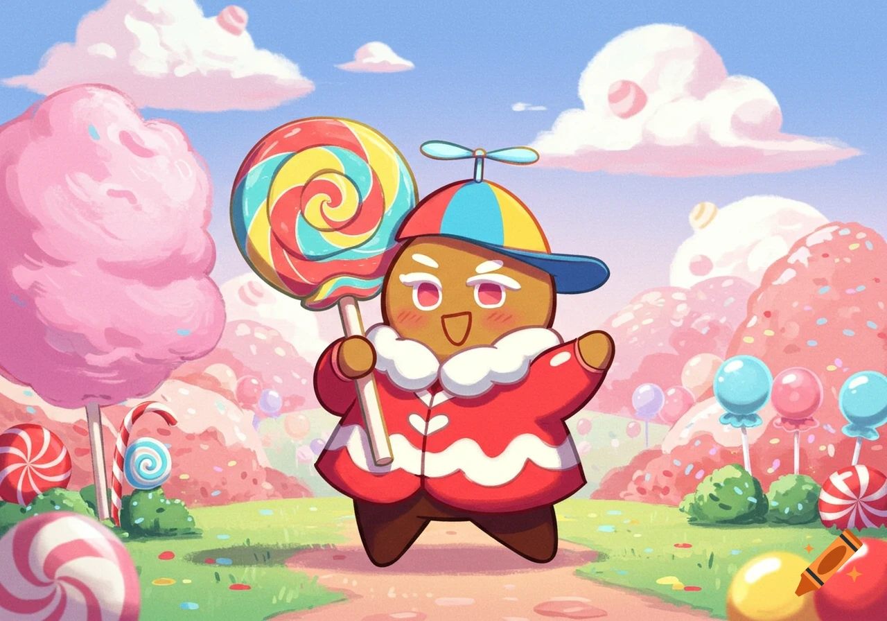 A cheerful gingerbread character with a propeller hat holds a giant rainbow lollipop in a vibrant candy land.