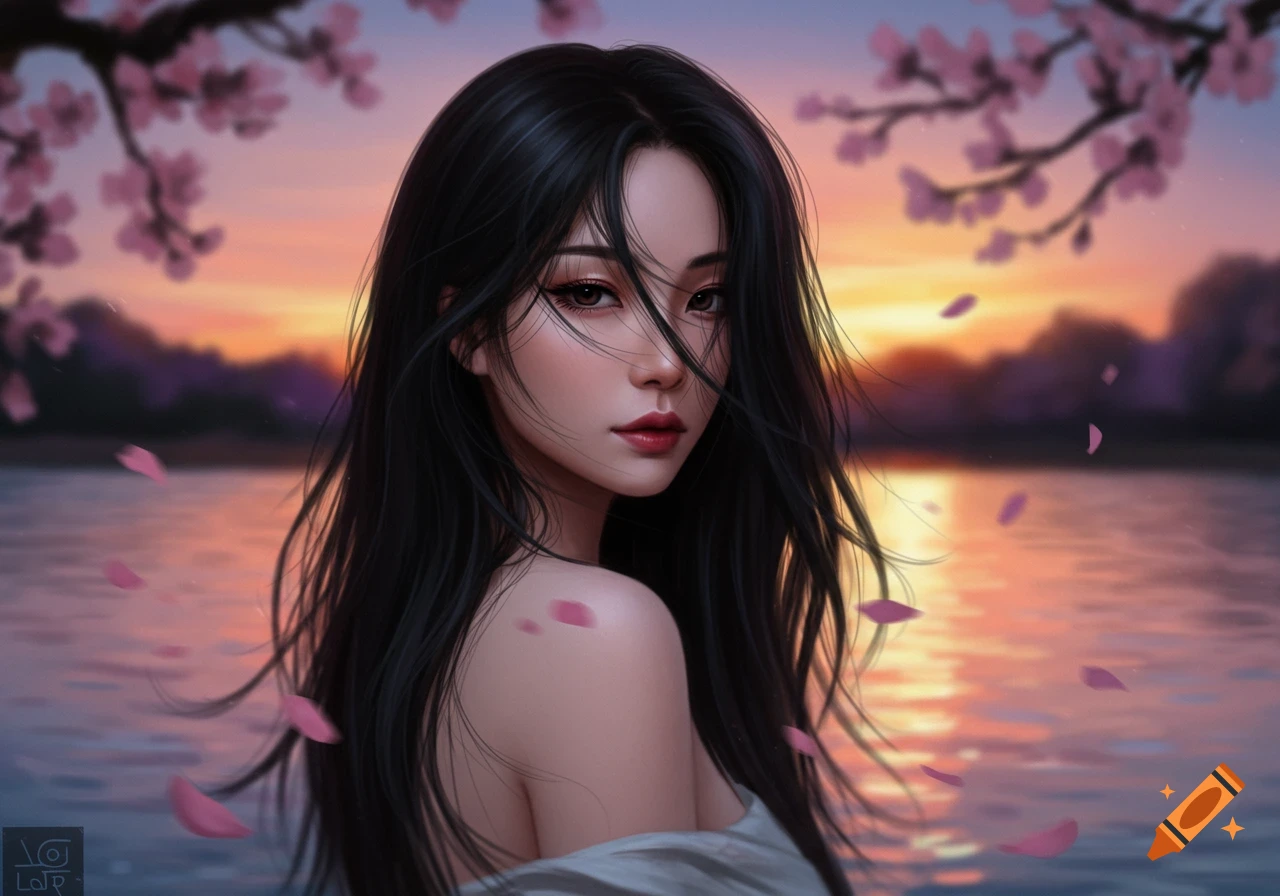 A digital art portrait of a woman with long black hair looking over her shoulder, with cherry blossoms and a sunset sky over water in the background.