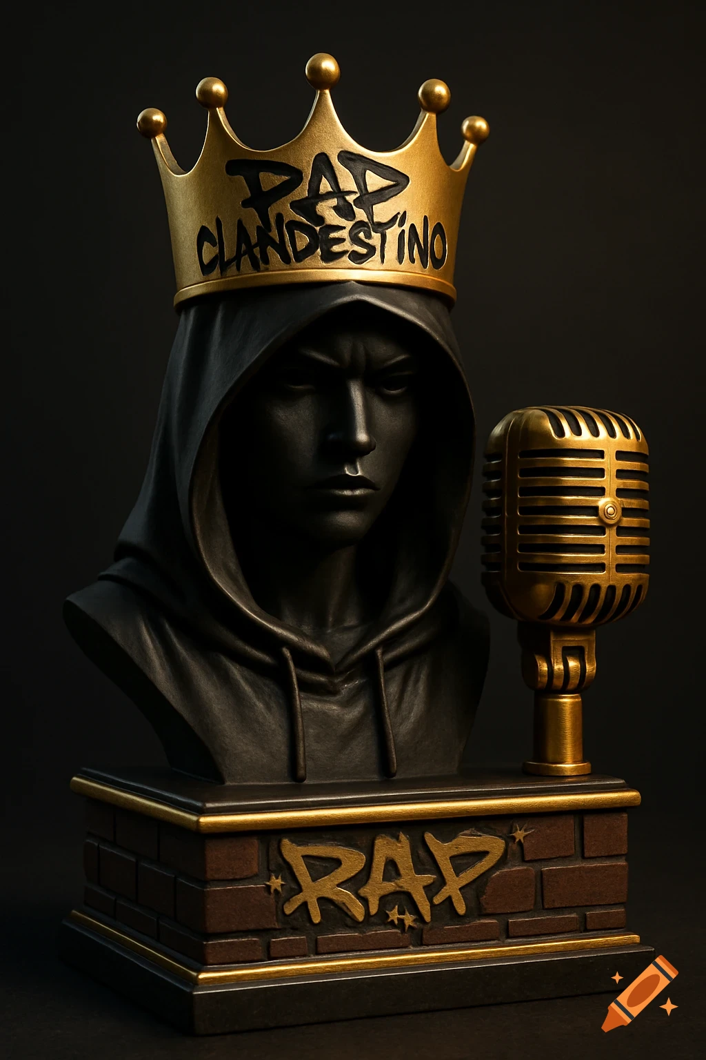 3D trophy of a matte black hooded bust with a gold crown and 'RAP CLANDESTINO' text, beside a vintage gold microphone. Base has 'RAP' text.