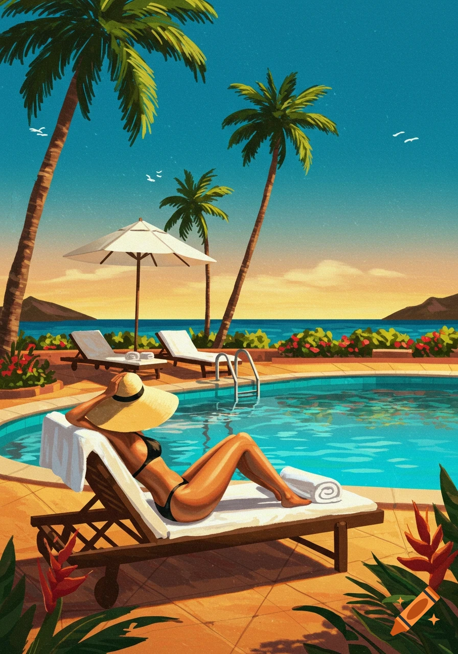 An illustration of a woman sunbathing by a pool at sunset, with palm trees and ocean in the background.