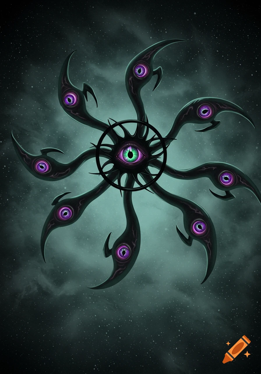 A stylized dark multi-eyed creature with tendrils, against a starry cosmic background.