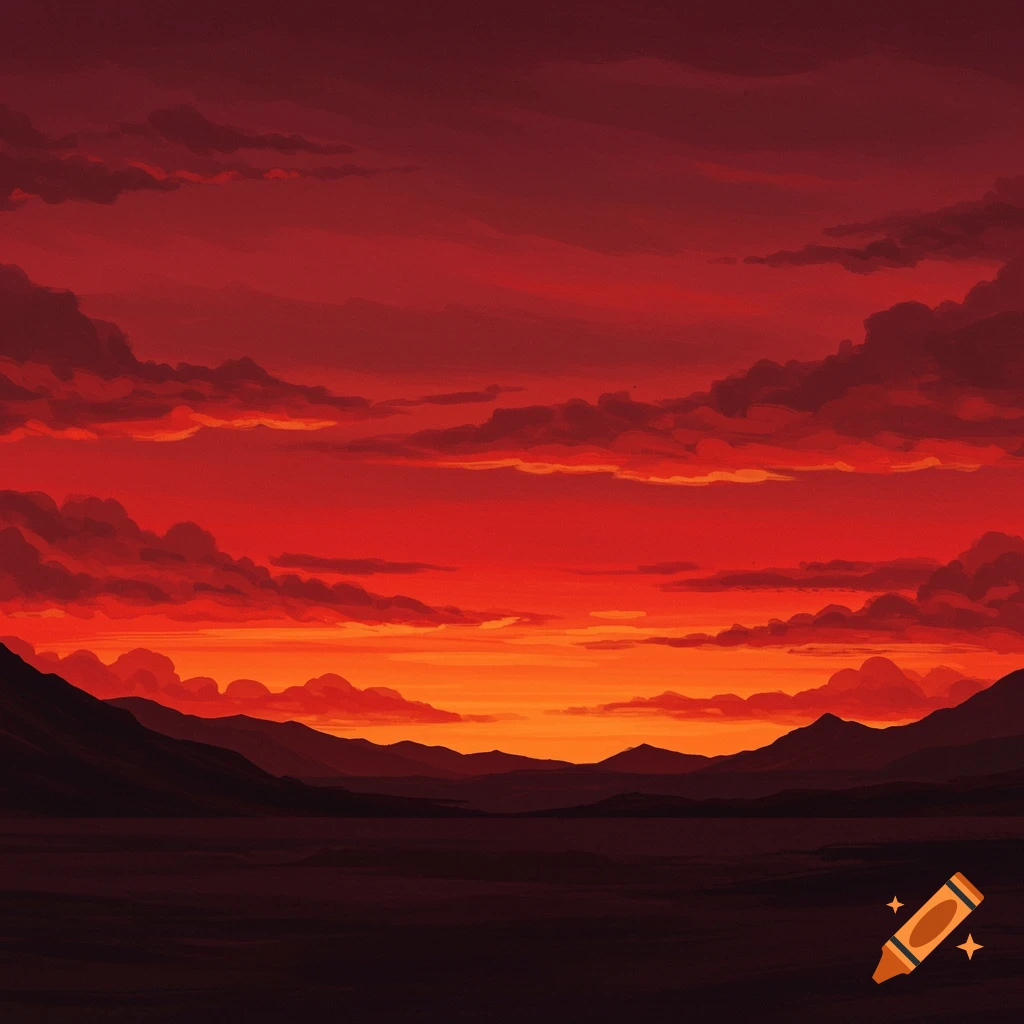 Dark mountain silhouettes against a dramatic red and orange sunset sky with clouds.