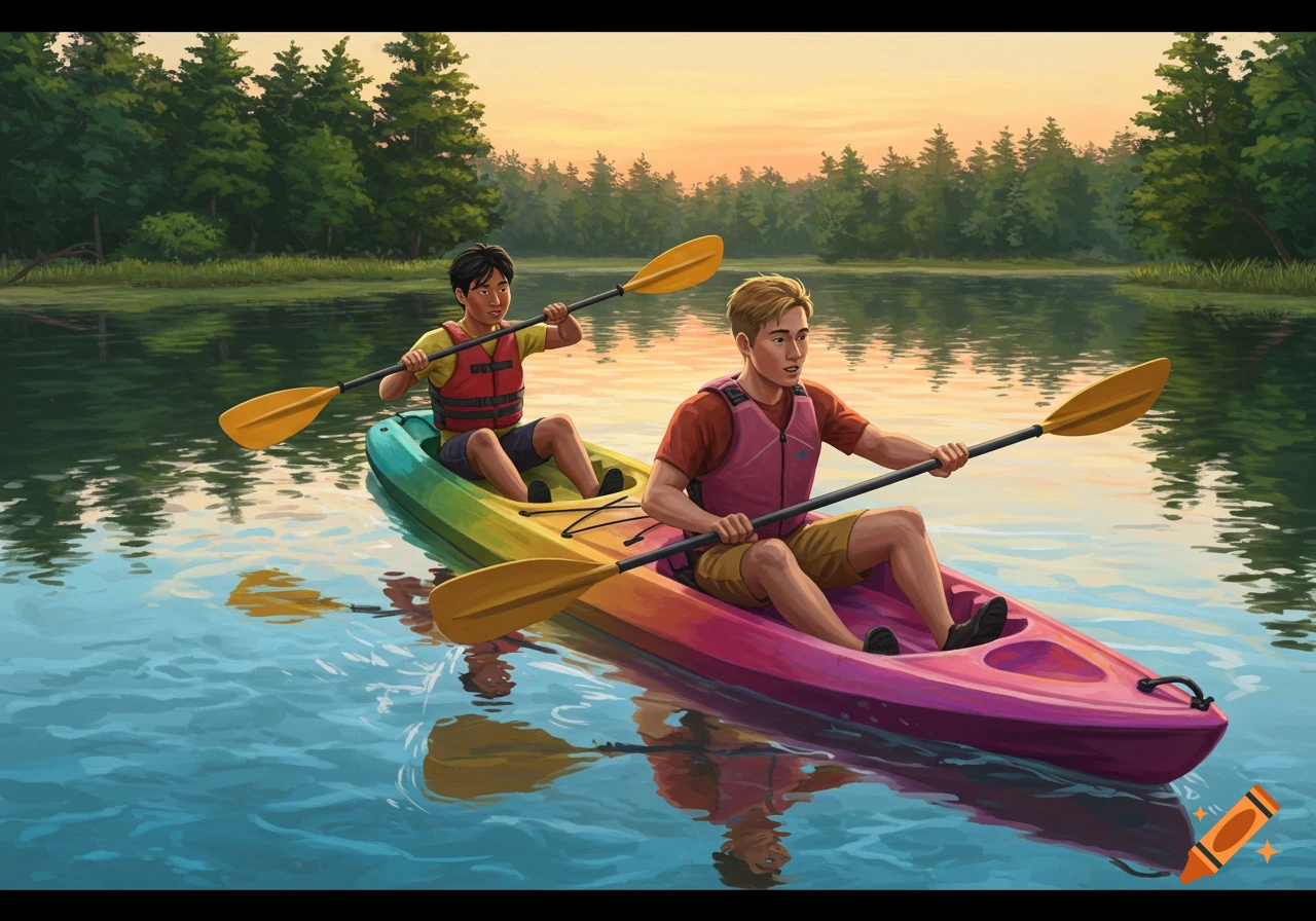 Two men in a rainbow-colored tandem kayak paddle across a lake surrounded by trees under a sunset sky.
