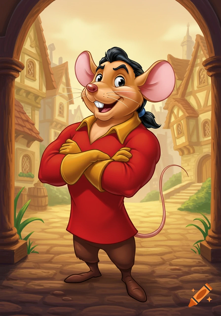 A cartoon mouse dressed as Gaston, with a red shirt and black hair, stands smiling in a village.