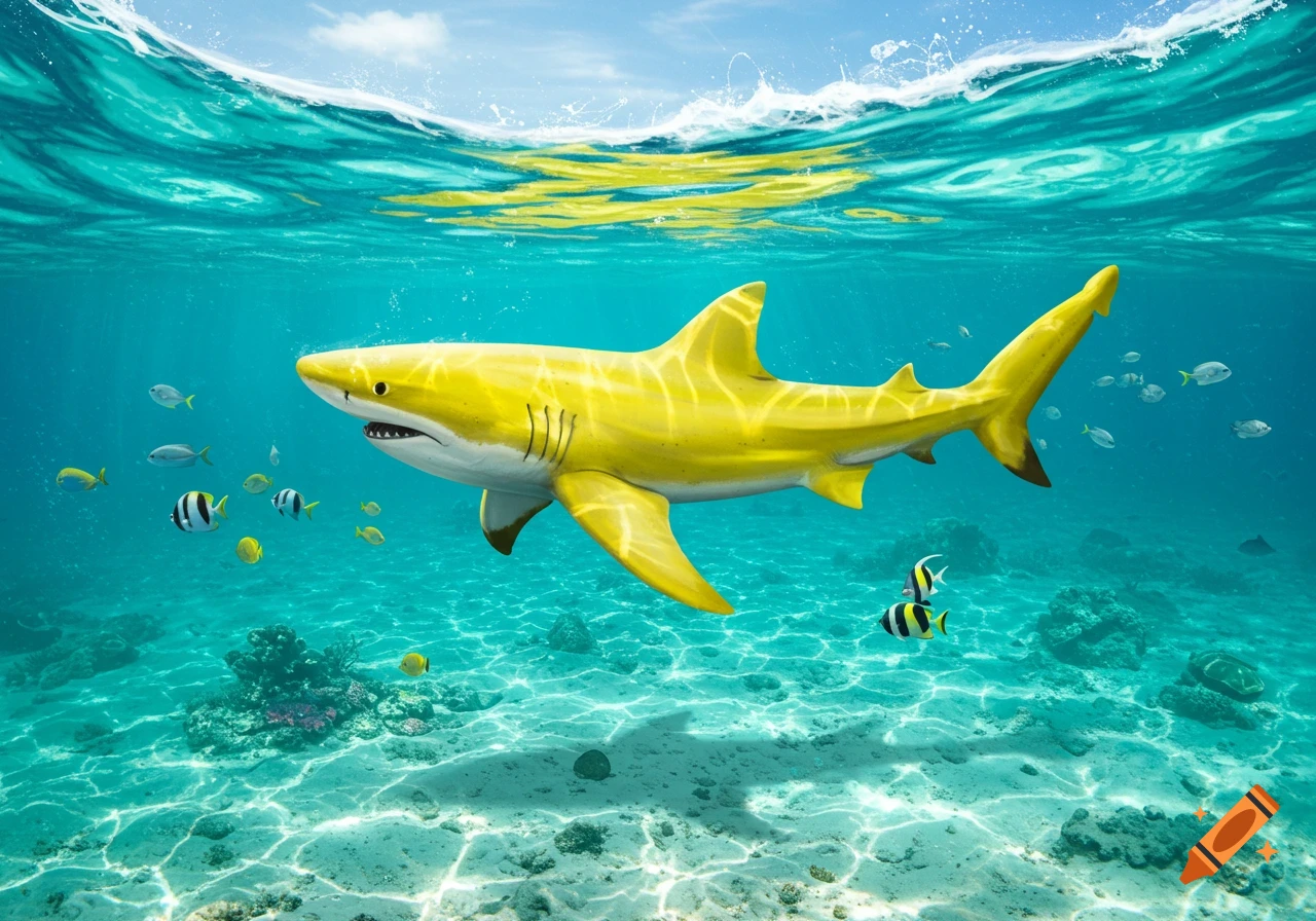 A vibrant yellow shark swims in clear blue ocean water above a sandy seafloor with other fish.