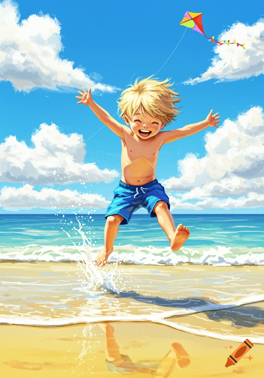 A joyful blonde boy jumps in the shallow ocean water on a sunny beach, with a colorful kite flying in the blue sky. Illustration.