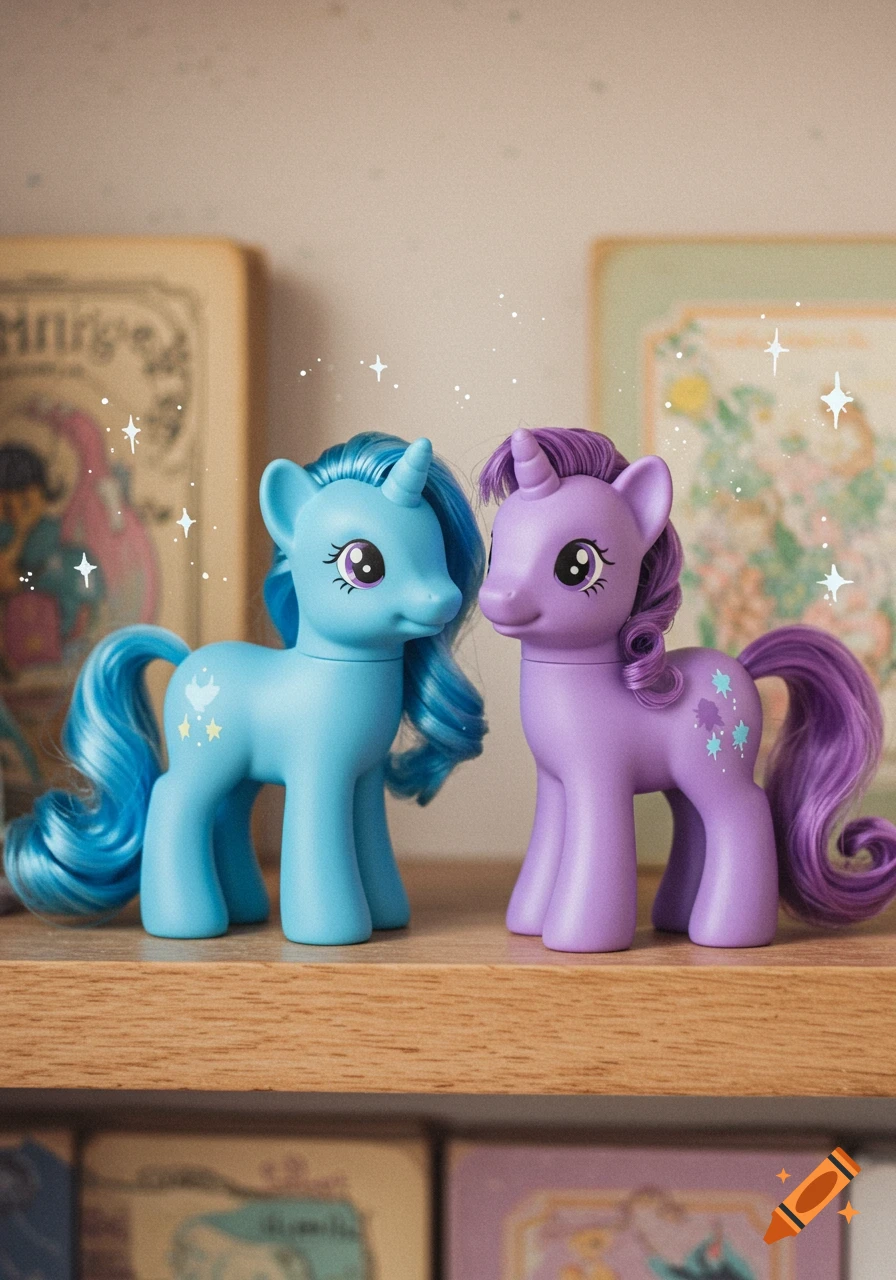 Two colorful toy ponies, one blue and one purple, stand on a wooden shelf with blurry books in the background, enhanced with digital sparkles.