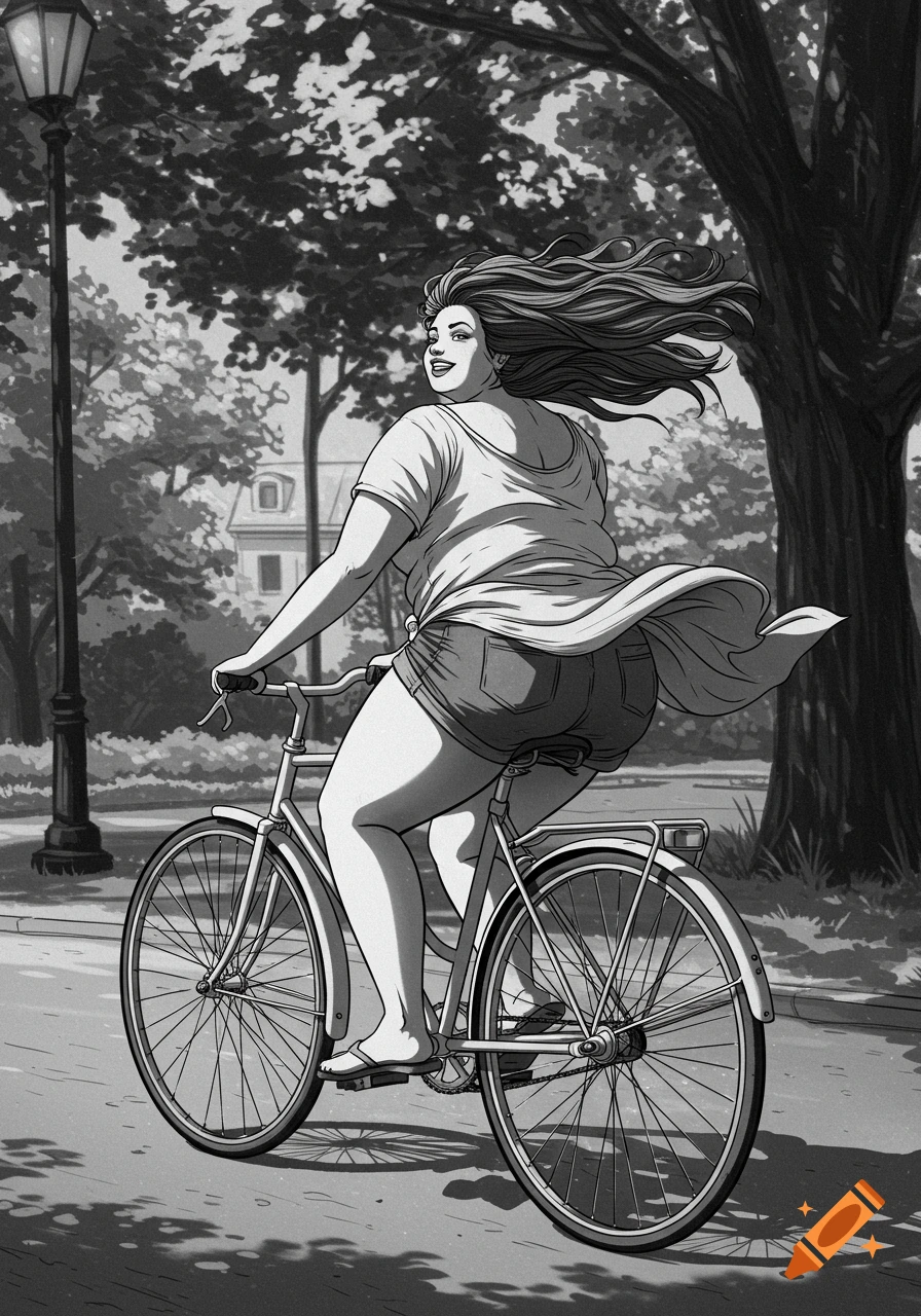 Black and white illustration of a plump woman riding a bicycle on a path, her hair flowing in the wind.