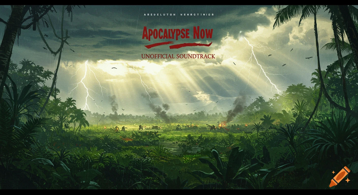 A dark, stormy jungle scene with lightning strikes, sun rays, and smoke from battle. Text reads "Apocalypse Now Unofficial Soundtrack."